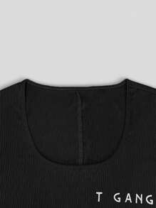 SHEIN 女士字母印花方领短袖休闲连体裤，夏季 - 黑色 - 查看 5