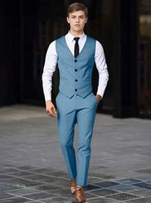 SHEIN 2 件青少年男孩绅士套装，灰色修身背心 + 别致长裤，优雅正式西装，适合生日、婚礼、毕业典礼、派对、典礼 - 藍色 - 查看 4