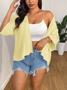 SHEIN EZwear 加大码黄色棉质轻薄短款开衫，夏季和服沙滩罩衫上衣前开襟上衣，秋冬季女士夏季开衫 - 黃色 - 查看 3