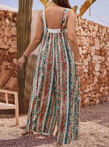 EMERY ROSE Plus Size Women Vacation Geometric Print Pocketed Wide Leg Jumpsuit,Fashionable For Summer,Vacation Outfits  For Women,Holiday Outfits Boho - Brown - View 2