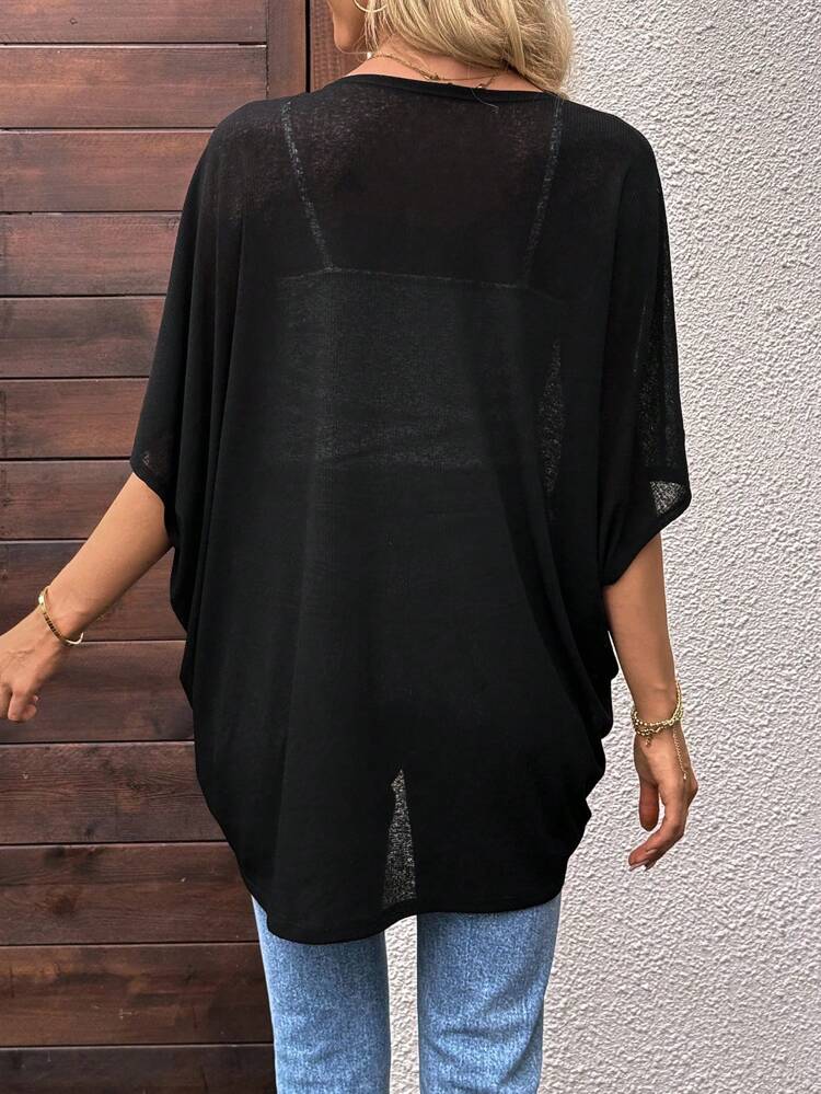 Women's Casual Solid Color Batwing Lightweight Semi-Sheer Cover-Up Jacket Fall Autumn Going Out Black Summer Open Front Jacket