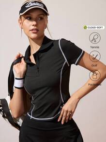 CourtClass 女式夏季撞色缝线半拉链领口修身运动 Polo 衫 - 黑色 - 查看 1