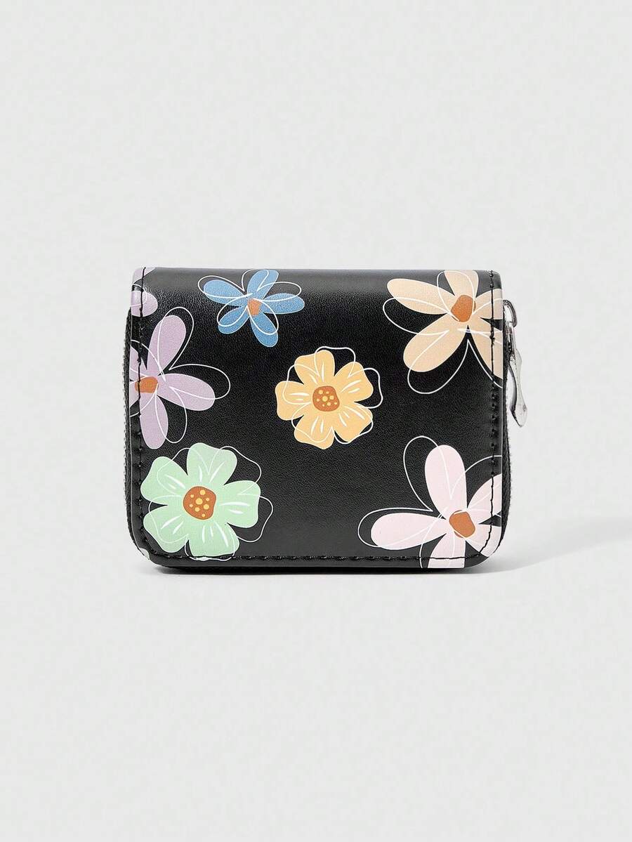 ROMWE Fairycore 1 件彩色线条花朵图案女士拉链小钱包 - 彩色 - 查看 1