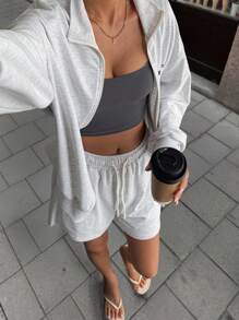 Livesso 2pcs/Set Women Loose Knit Cardigan And Shorts,Fall Women Clothes Lounge Sets For Women School - Grey - View 3