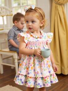 Souflis Souflis Baby Girl Floral & Rabbit Print Ruffle Trim Dress - Multicolor - View 9