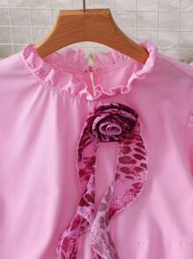 DreamSkyne 2 قطعة/طقم ملابس علوية وتنورة طباعة زهرية ثلاثية الأبعاد نمط فهد للنساء ذوات المقاسات الكبيرة مع أكمام قصيرة - وردي - مشاهدة 6