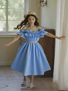 SHEIN Vintaside Kids Tween-Mädchen Lässiges, verstellbares, schlichtes, gewebtes Kleid mit Rüschen, Frühling/Sommer, Off-Shoulder