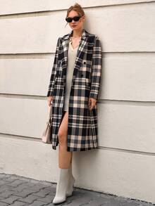 CLARA VERO Woman Check All Over Printed Front Button Up Pockets Long Sleeve Overcoat Lady Autumn Winter Chic Elegant Coat - Multicolor - View 3