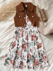 SHEIN Vintaside Kids 青少年女孩休闲优雅可爱背心夹克和花朵印花吊带裙两件套 - 棕色 - 查看 9
