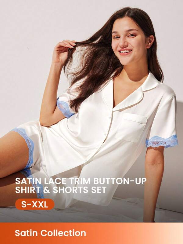 LUVLETTE Ensemble de lingerie femme comprenant un haut boutonné à manches courtes soyeux, satiné et luxueux avec garniture en dentelle ainsi qu'un short, tenue d'intérieur aérée