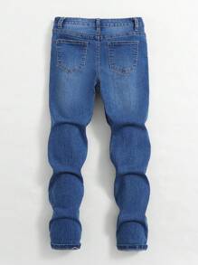 SHEIN Jeans ajustados cómodos y elásticos con diseño lavable azul vintage cool de estilo casual Y2K para niños preadolescentes, ropa diaria suave, ropa de verano y otoño para festivales rave y playa, ropa de calle y escuela en invierno - Azul - Ver 2