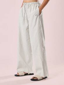 SUMWON 条纹阔腿夏季沙滩裤休闲抽绳度假装飘逸阔腿裤宽松版型 - 彩色 - 查看 4