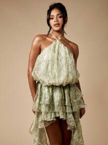MISSGUIDED 露背吊带蛇纹高低摆连衣裙，层叠荷叶边，适合婚礼宾客、夏季派对、晚宴等场合，优雅飘逸，雪纺材质，时尚百搭。 - 彩色 - 查看 3