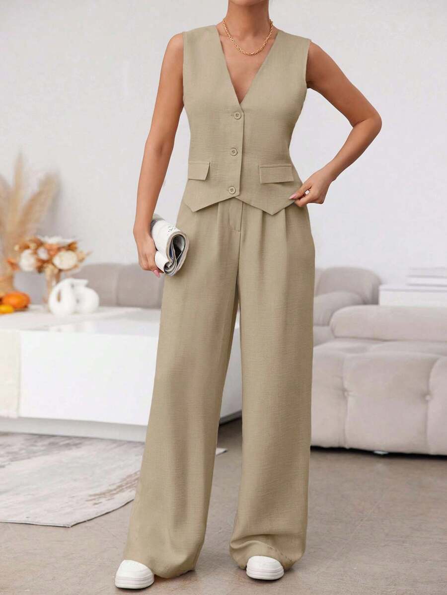 SHEIN Solid Color Vest And Pants Casual Two Piece Set - Apricot - View 1