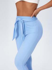 SHEIN Sovereign Charm Women's Versatile Solid Color High Waist Drawstring Sports Leggings - Blue - View 5
