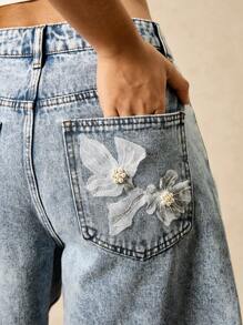 Easelle Jeans azules sueltos de pierna recta con roturas, con bordados de corazón y estrella, para mujer, para primavera/verano