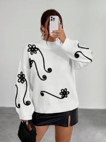 Firerie Plus Size Women Floral Embroidered Drawstring Neck Casual Long Sleeve Sweater Fall/Winter - White - View 5