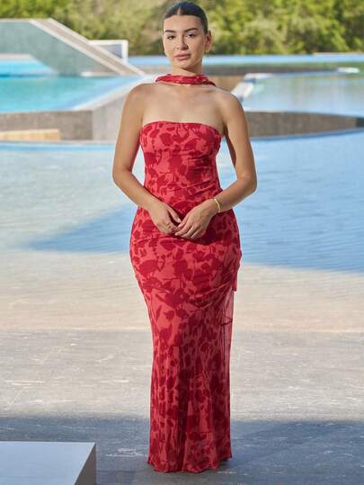 Andrea Bello Summer Beach Fairycore Wedding Party Elegant Knitted Mesh Print Form-Fitting Dress For Women Summer Dresses For Women Women Maxi Dresses