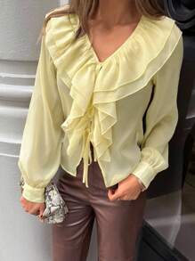 Serisse Back To School Clothes , Fall Women Clothes , Cute Tops Women , 2025 Old Money Aesthetic Pale Yellow Blouse With V-Neck Layered Ruffles & Tie Front - Lightweight Teachers For Women, Airport For Women, Versatile Fall Blouse For Daily Commute Winter Casual - Yellow - View 3