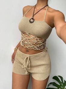 Aloruh Women's 2 Pieces Set: Apricot Crochet Spaghetti Strap Top And Ultra Low Waist Mini Floral Print Shorts, New Arrival Spring/Summer Vacation Outfit - Apricot - View 2