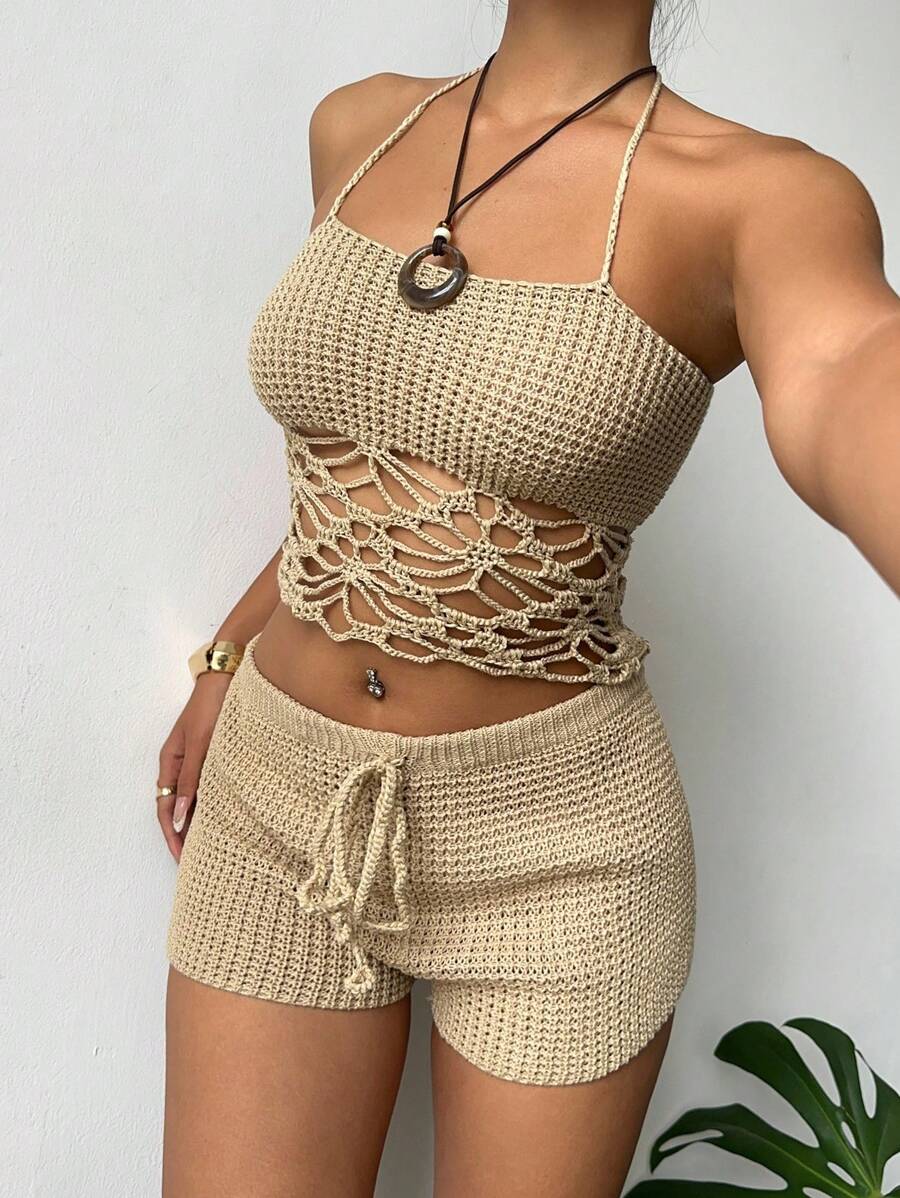 Aloruh Women's 2 Pieces Set: Apricot Crochet Spaghetti Strap Top And Ultra Low Waist Mini Floral Print Shorts, New Arrival Spring/Summer Vacation Outfit