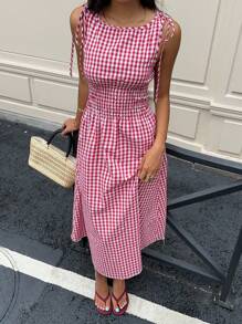 MainGRL Casual Red And White Gingham Sleeveless A-Line Midi Dress With Ruffle Hem Red Gingham Dress Picnic Outfit Women - Red and White - View 3