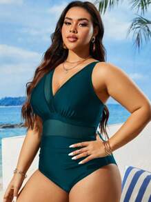 SHEIN Swim Curve Summer Plus Size Women 1PC Solid Color V-Neck Mesh Patchwork Sexy Elegant One-Piece Swimsuit, Leisure Vacation