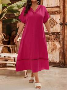 EMERY ROSE 大码女式休闲度假风格 V 领撞色蕾丝蝙蝠袖宽松连衣裙，夏季