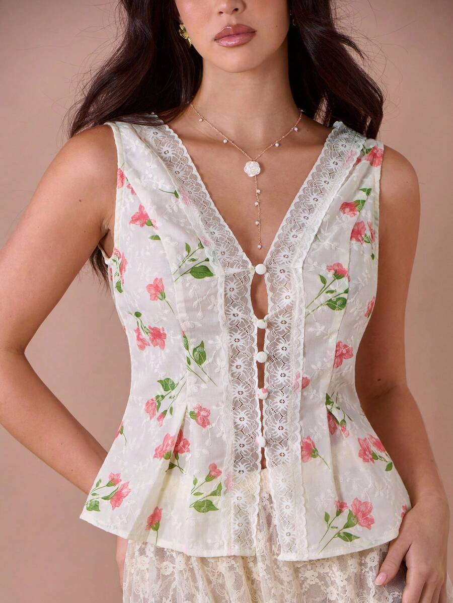 Enchnt 夏季浪漫女式杏色花卉图案撞色蕾丝 V 领单扣无袖时尚上衣，休闲舒适，适合生日、节日派对、甜蜜约会、日常通勤和度假，夏季百搭，音乐会女装 - 白色 - 查看 1