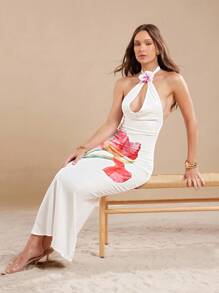 L'Amorae Women's Floral Print Halter Backless Dress - White - View 3