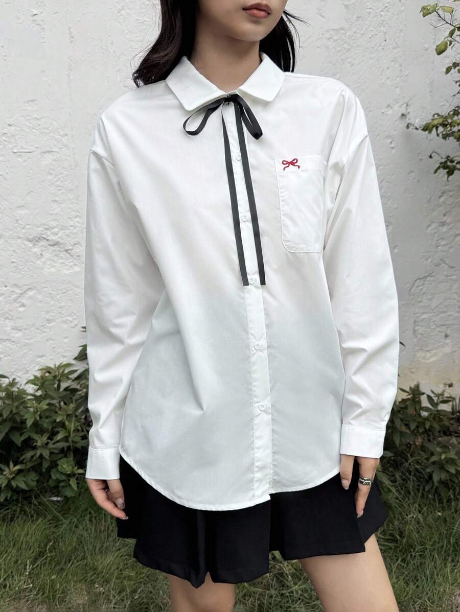SHEIN Loose Casual Comfortable Butterfly Embroidered Collar Long Sleeve Shirt, Suitable For School Back To School Season, Teen Girls - White - View 1