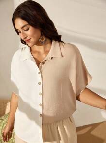 Nubod 夏季大尺碼女士色塊蝙蝠袖休閒寬鬆襯衫，帶翻領