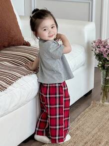 Dazy Kids 2pcs Toddler Girls' Casual Round Neck T-Shirt And Plaid Pants Set, Home Wear - Dark Grey - View 2