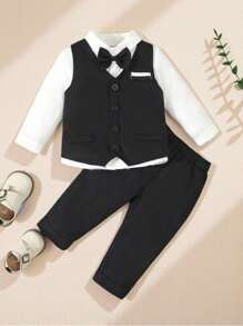 SHEIN 2pcs Baby Boy Formal Wear Set Including Single Breasted Vest And Pants, Shirt Not Included - Black - View 1