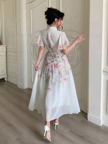 Modelyn Tie-Up Waist Ruched Locating Printed Women's Flare Dress - Multicolor - View 2