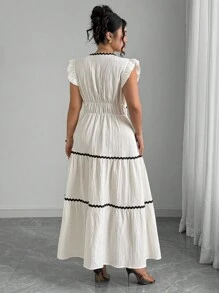 Elenzga 大码女式编织纹理纯色撞色饰边 V 领飘逸长裙，优雅浪漫 - 杏色 - 查看 2