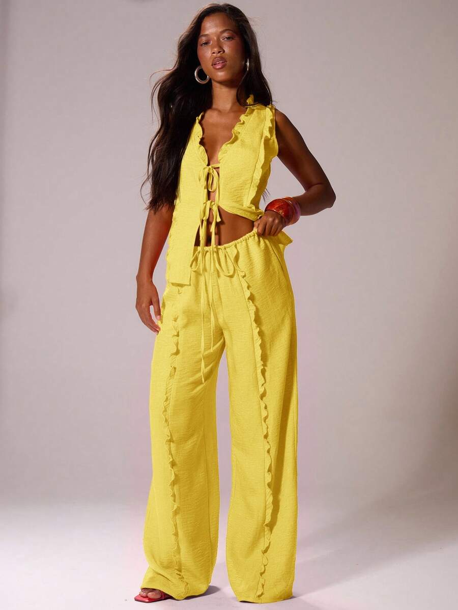 MUSERA 抽绳腰带亚麻质感荷叶边阔腿休闲裤，适合伊比沙岛性感度假、夏季节日、海滩穿着，浪漫优雅，适合生日、婚礼、机场婚礼派对、复活节等场合。 - 黃色 - 查看 1