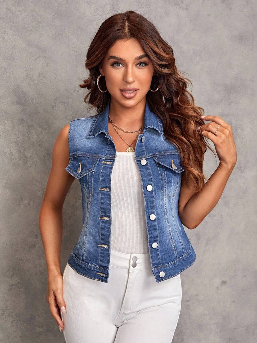 EMERY ROSE Women's Summer Single-Breasted Casual Versatile Denim Vest/Jacket Denim Tops For Women, Fall Women Clothes - Medium Wash - View 1