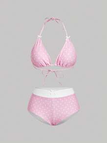 SHEIN MOD 女士波尔卡圆点印花蝴蝶结系带比基尼套装 - 粉色 - 查看 1