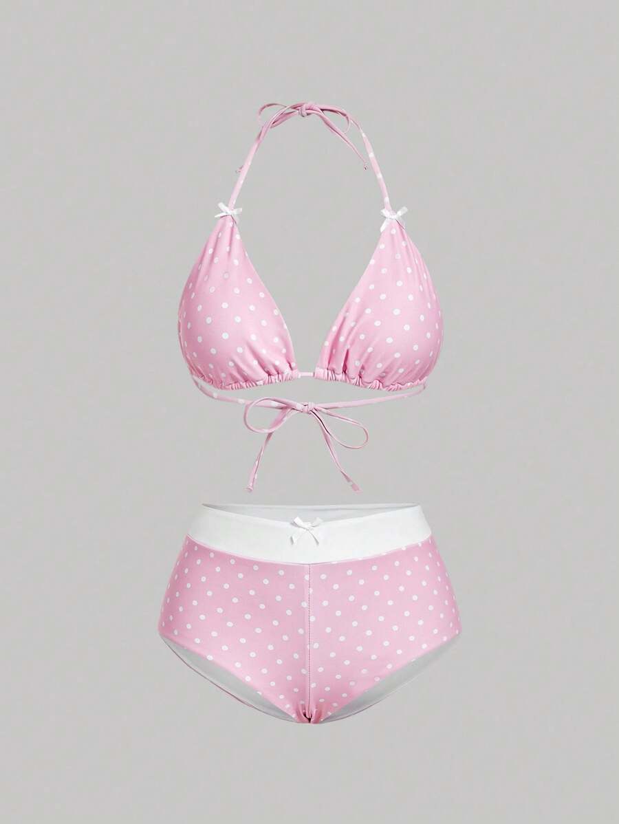 SHEIN MOD 女士波尔卡圆点印花蝴蝶结系带比基尼套装 - 粉色 - 查看 1