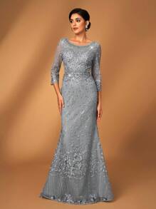 Serin Dusty Blue Summer Formal Elegant Evening Formal Wedding Dress,Luxury Embroidered Lace Rhinestone Pearl Sheer Long Sleeve Mermaid Bridal Mother Gown - Army Green - View 4