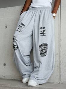 PAVTROS 男士宽松图案印花运动裤，街头风格图案运动裤超大号运动裤宽松灰色运动裤男士补丁运动裤灰色运动裤，宽松裤 - 淺灰色 - 查看 1