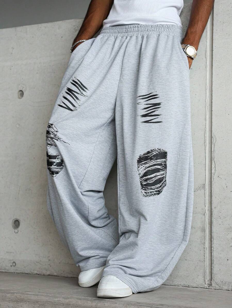 PAVTROS 男士宽松图案印花运动裤，街头风格图案运动裤超大号运动裤宽松灰色运动裤男士补丁运动裤灰色运动裤，宽松裤 - 淺灰色 - 查看 1