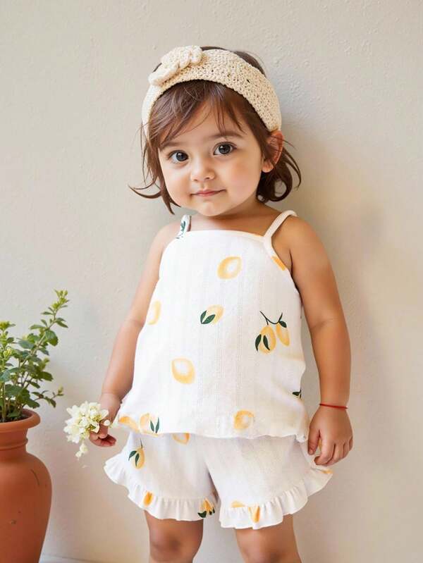 SHEIN Vintaside Kids 2-delige set van een schattig casual jacquard top en broekje voor babymeisjes met citroenmotief. Kan buiten gedragen worden, schattig en modieus, lief en charmant. Geschikt voor buiten in de lente en zomer, op vakantie, dagelijks gebruik, thuis en op reis.