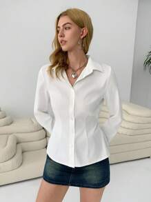 SHEIN EZwear Women's Casual Versatile Solid Color Waisted Blouse,Fall Business Casual Women Clothes - White - View 4