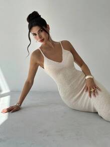 Firerie Robe longue en tricot coupe slim ajustée, à col en V profond et dos nu, couleur abricot, robe pull pour le printemps/été, robe de vacances sexy