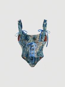 SHEIN MOD Top de tirantes floral retro con cordones delanteros y cordones traseros con transparencias, chaleco de invierno, chaleco para salir, ropa de playa para mujer, ropa para mujer, ropa de fiesta para mujer, ropa para Año Nuevo