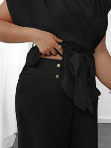 Elenzga 大码夏季优雅纯色衬衫和裤子两件套 - 黑色 - 查看 4