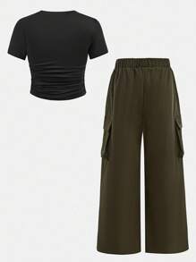 SHEIN Girlism 2 件套青少年女孩星星印花紧身 T 恤 + 宽松工装裤，休闲时尚百搭开学装 - 黑色 - 查看 2