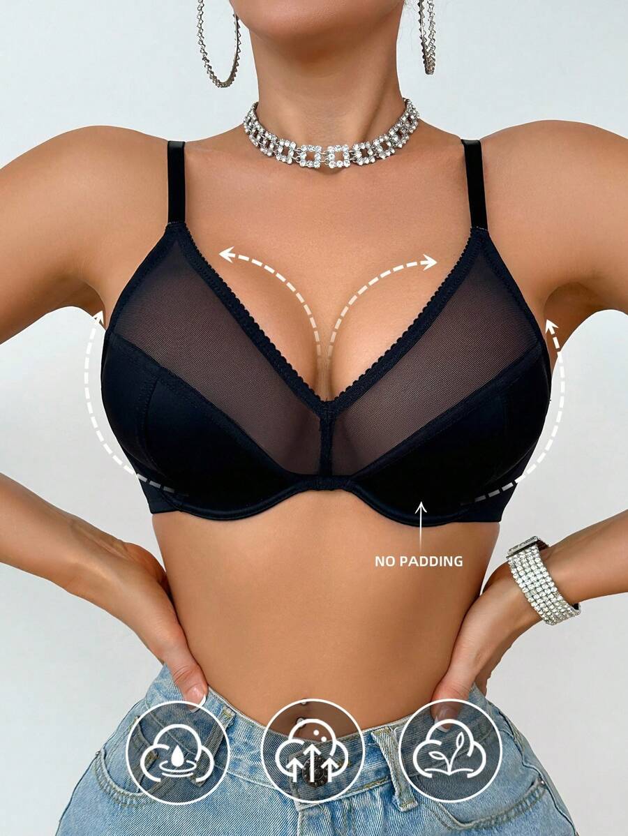 SHEIN 1 Áo ngực nâng ngực không gọng lưới gợi cảm tối giản - màu đen - Xem 1